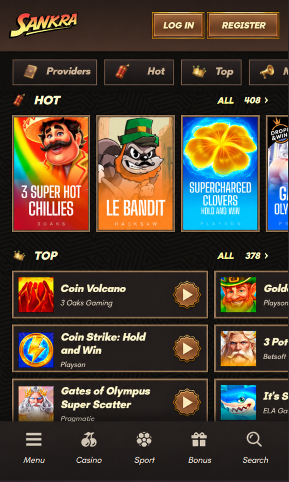 Sankra casino mobile app home screen with featured slots and bonus banner
