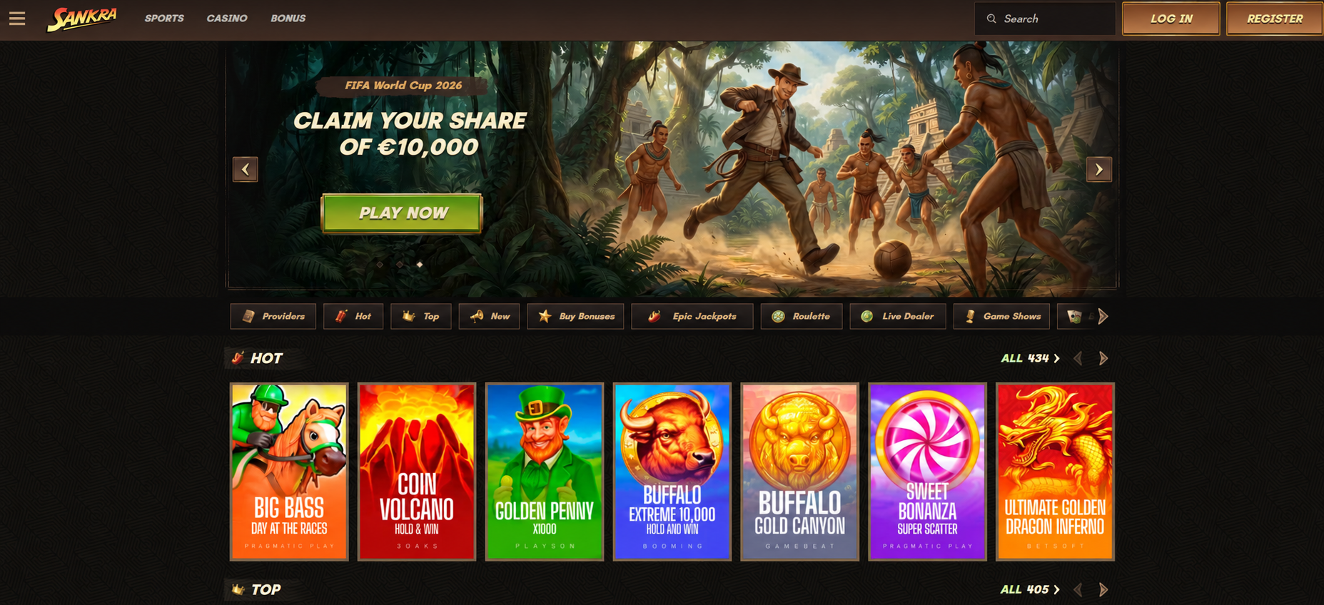Sankra online casino lobby with live dealer game selection